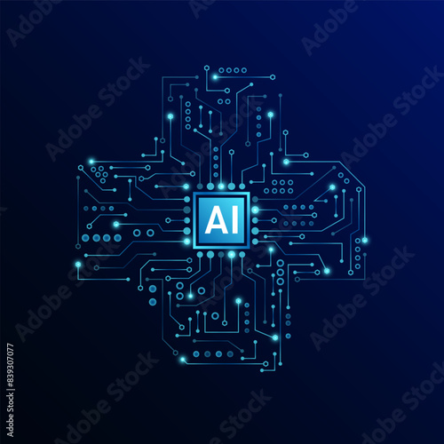 AI in cross symbol electronic circuit and science icons. Innovation health care medical digital technology futuristic. On dark blue background. Vector illustration.