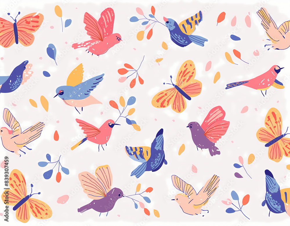 Obraz premium Create a pattern featuring various species of birds and butterflies, set against a clear sky
