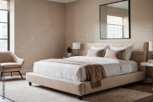 A sleek  bright  contemporary bedroom in a beige color theme with a comfortable bed  bedside tables  and large windows allowing natural light to flood in.