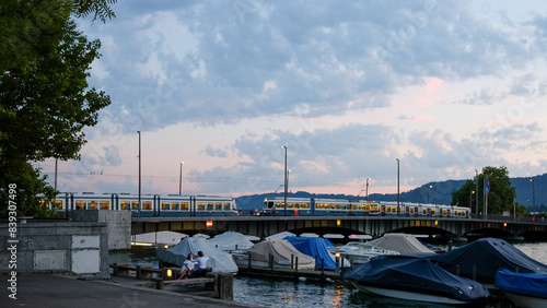 Harbourside view and sunsetting sky