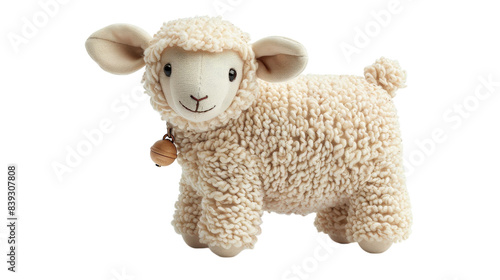 White plush toy sheep with wooden bell