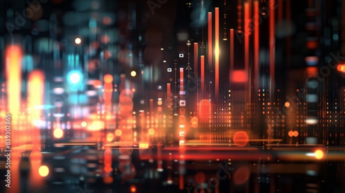 A dynamic  abstract digital cityscape with vivid red and blue lights and geometric shapes creating a futuristic vibe.