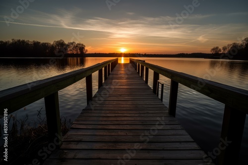 Tranquil scene of a wooden pier extending into a calm lake under a stunning sunset sky