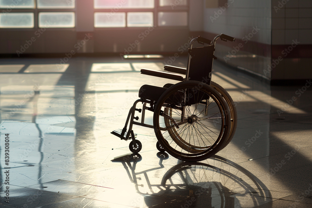 A solitary wheelchair in a sunlit room, casting a long shadow on the polished floor A solitary wheelchair in a sunlit room, casting a long shadow on the polished floor