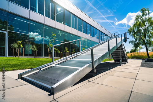 A wheelchair ramp in front of a modern, sleek building, symbolizing accessibility