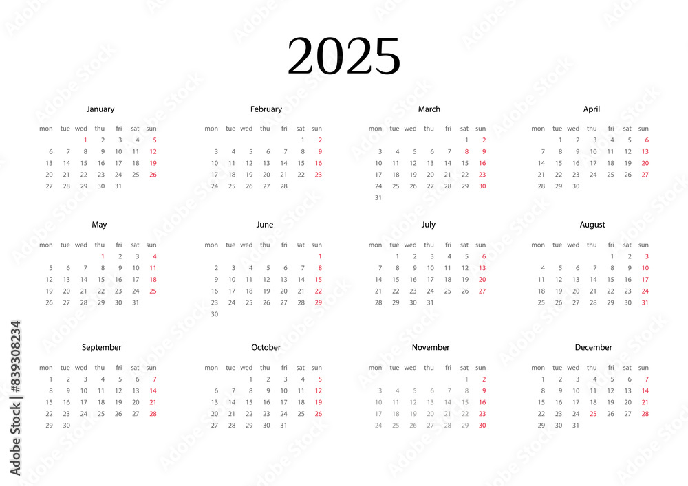 Calendar 2025, the beginning of the week Monday, vector, Layout of organizers with 12 months Calendar 2025, the beginning of the week Monday, vector, Layout of organizers with 12 months