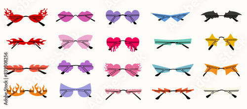 Set of various colorful sunglasses. Summer sunglasses, fashionable eyeglass frames. Various shapes and styles. Unusually shaped eyeglasses. Isolated on white background.