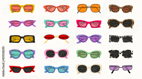 Set of various colorful sunglasses. Summer sunglasses, fashionable eyeglass frames. Various shapes and styles. Hand-drawn illustration in trendy colors. Isolated on white background