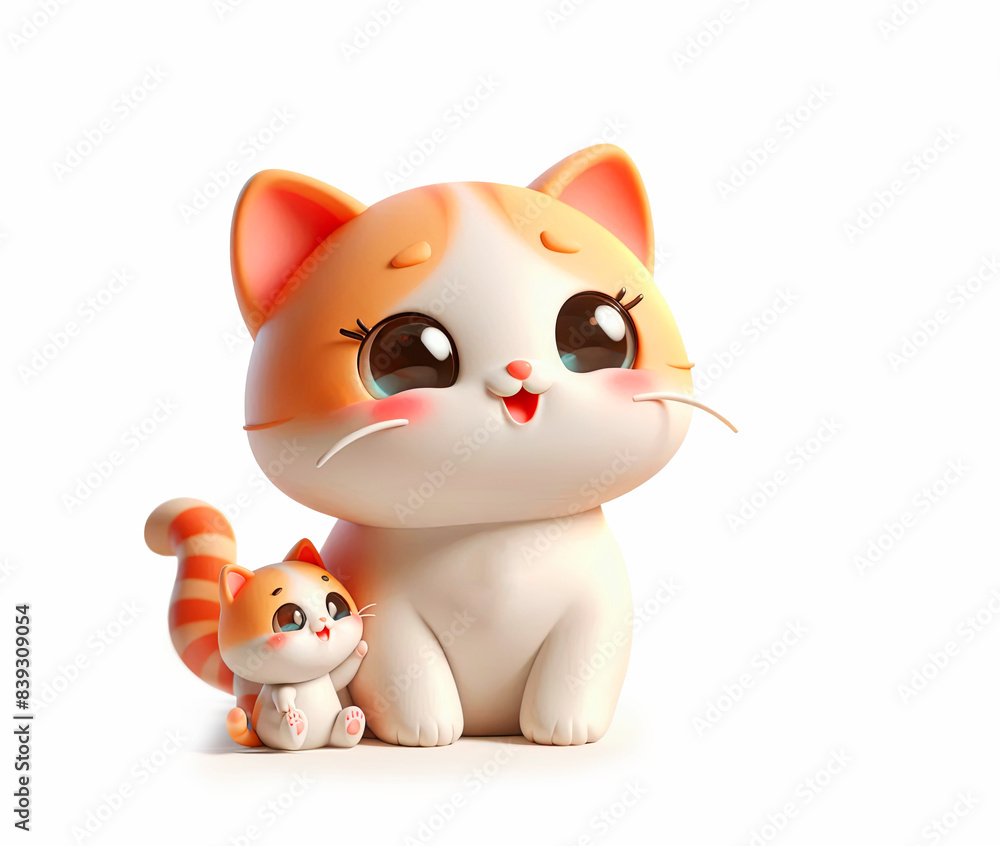 Naklejka premium 3D funny cute cartoon cat and kittens on white background.