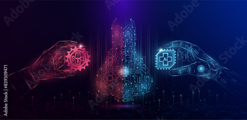 Mechanical digital thyroid gland. Gear with electronic circuit. Doctor robot holding cogwheel chip AI. Collaboration cyborg and medical personnel. Innovation health care technology futuristic. Vector.