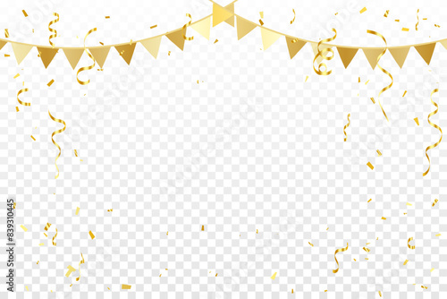 Golden Party Flags With Confetti And Ribbons Falling On Transparent Background. Celebration Event  Birthday. Vector Illustration. Wallpaper