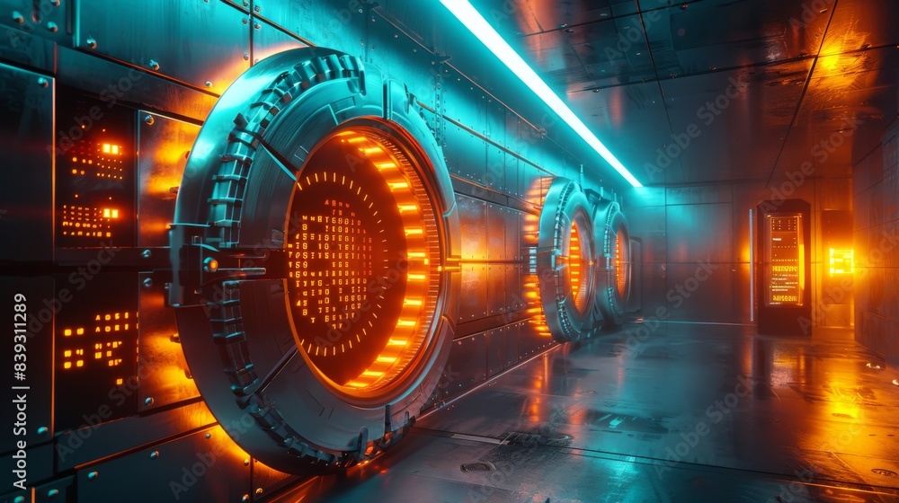 A futuristic bank vault with glowing biometric locks and digital security panels A futuristic bank vault with glowing biometric locks and digital security panels