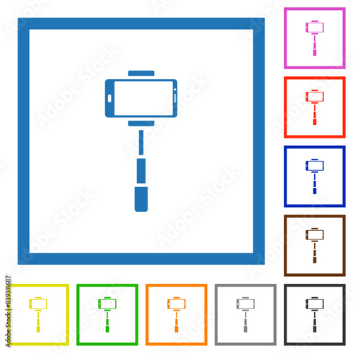 Smartphone on selfie stick front view flat framed icons