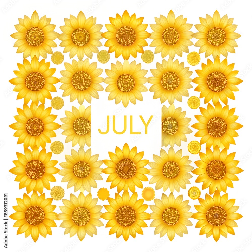 summer july text on the center of the frame of sunflowers isolated on white background summer july text on the center of the frame of sunflowers isolated on white background