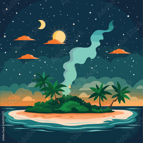 Descriptive Tropical island nighttime scene, palm trees silhouetted against starry sky, moon sun halfhidden clouds. Smoky wisps volcano under starfilled sky over serene beach, ocean waves lapping
