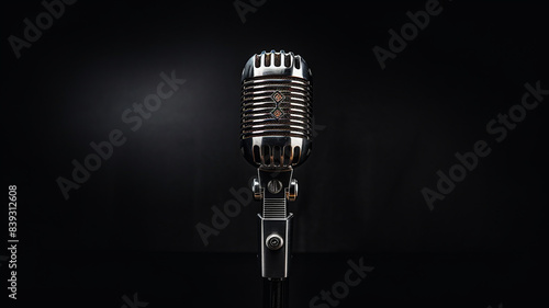 Silver microphone on a dark black background, musical sound equipment