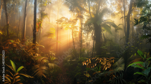 Autumn dawn in rainforest