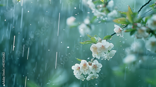 Spring rain in the garden. White flowers of cherry plum in the rain on a spring day