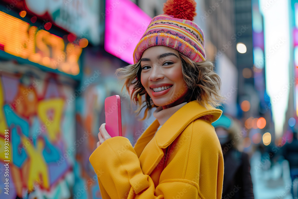 beautiful smiling young woman with smartphone in yellow coat and knitted hat in urban setting beautiful smiling young woman with smartphone in yellow coat and knitted hat in urban setting