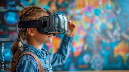 portrait of a little schoolgirl girl wearing virtual reality glasses at school, futuristic education and technology