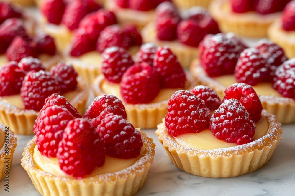 Raspberry mini tarts with fresh raspberries on a white background