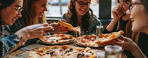 Group of friends eating pizza together  home party.