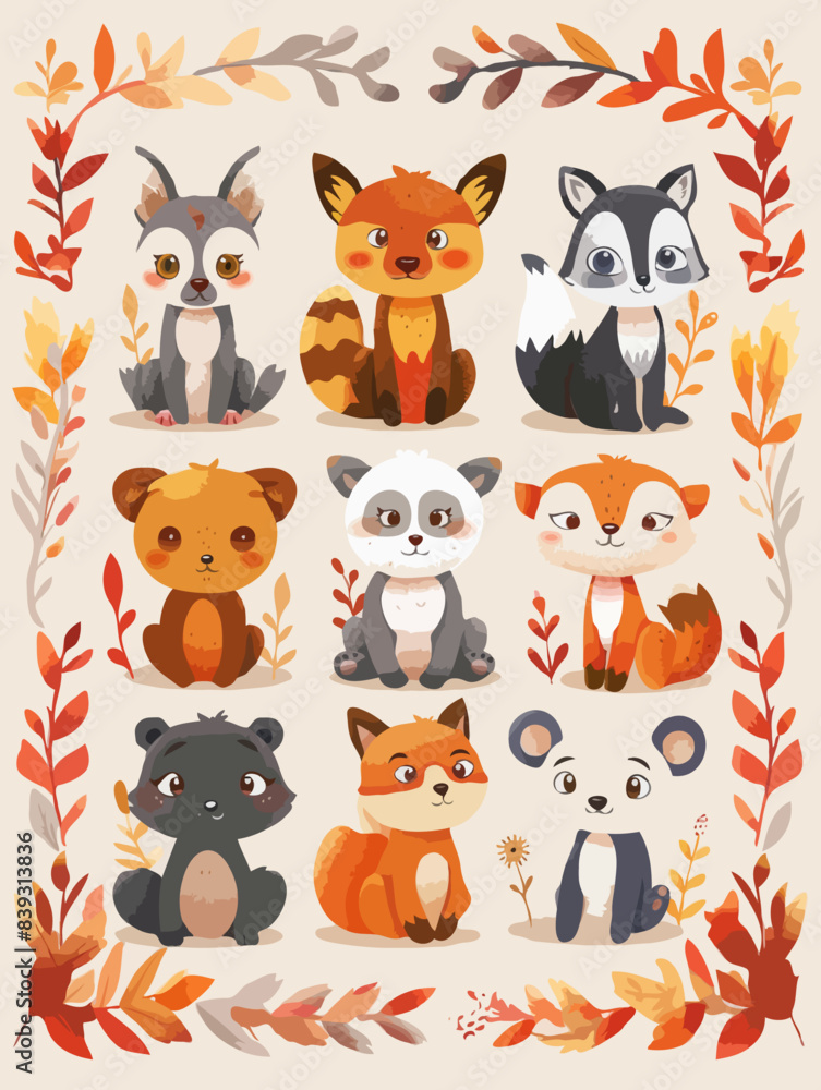 A collection of cute animal characters in a playful design, great for children's media, illustrations, and educational materials A collection of cute animal characters in a playful design, great for children's media, illustrations, and educational materials