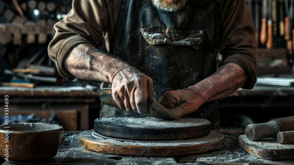 Masterful Metalworking Skilled Craftsman Polishing with Precision in Busy Workshop Masterful Metalworking Skilled Craftsman Polishing with Precision in Busy Workshop