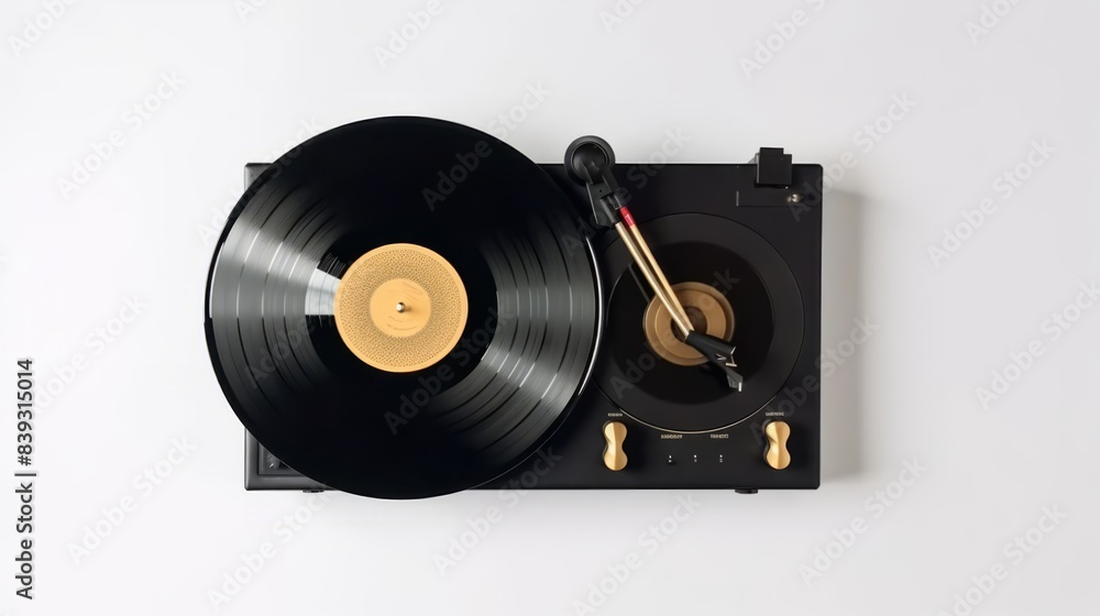 Obraz premium Retro vinyl player, lp records, headphones on background. Top view. Retro style. Flat lay