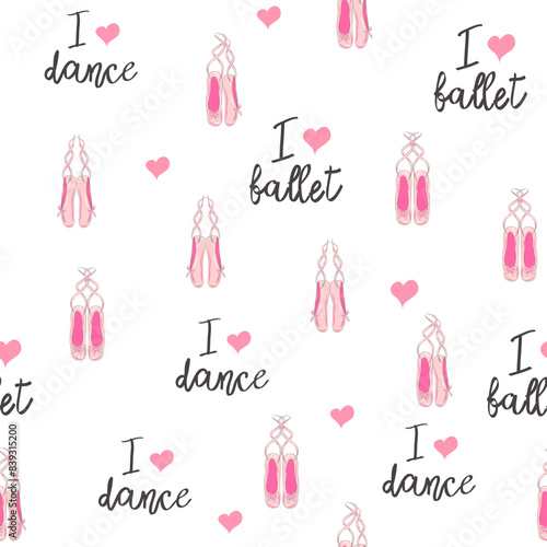 Seamless pattern with ballet pointe shoes and additional elements, imitation of a sketch, watercolors. Ballet school promo background