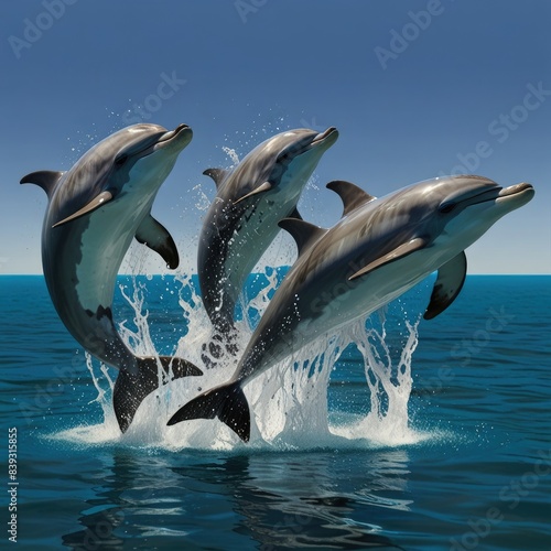 dolphins are jumping out of the water and they are in the water.