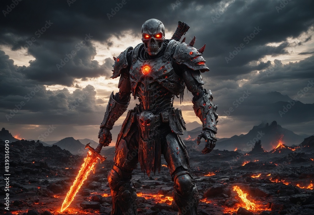 A towering, armored warrior stands in a desolate landscape, his glowing red eyes. The ground beneath him is a seething mass of molten lava, casting an eerie glow on the surrounding mountains. A towering, armored warrior stands in a desolate landscape, his glowing red eyes. The ground beneath him is a seething mass of molten lava, casting an eerie glow on the surrounding mountains.