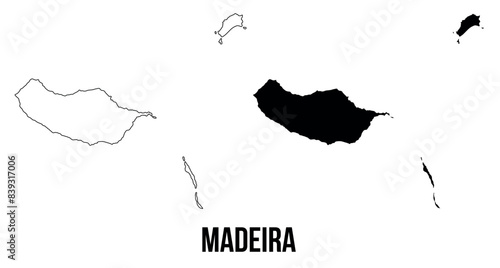 Madeira map of islands regions districts vector black on white and outline