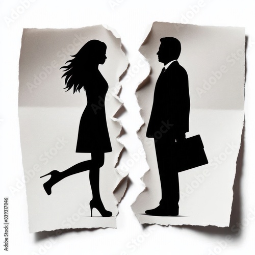 divorce the silhouette of a couple Torn Paper Divorce Isolated on white background photo