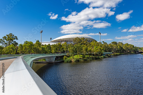 Adelaide Oval viewed across River Torrens in Elder Park, Adelaide, South Australia, Australia