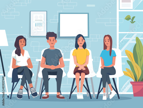 Four young adults sitting modern office lobby, casual clothing, smiling, friendly atmosphere, teamwork meeting, startup culture. Two women two men relaxed posture, office wall decor, indoor plant