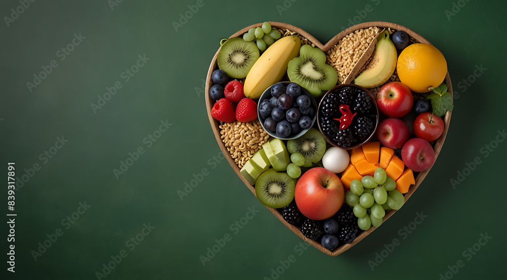A heart-shaped bowl filled with nutritious diet foods, including fresh fruits, vegetables, and whole grains, promoting heart health and cardiovascular wellness, healthy diet food concept, green backgr A heart-shaped bowl filled with nutritious diet foods, including fresh fruits, vegetables, and whole grains, promoting heart health and cardiovascular wellness, healthy diet food concept, green backgr