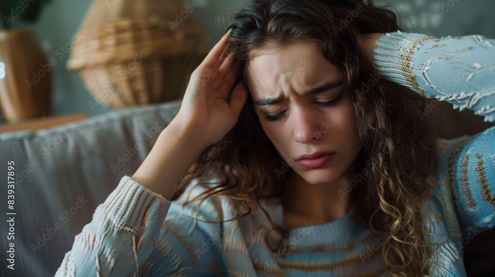 A young woman, head in hand, sitting on a couch with a pained expression from a headache A young woman, head in hand, sitting on a couch with a pained expression from a headache