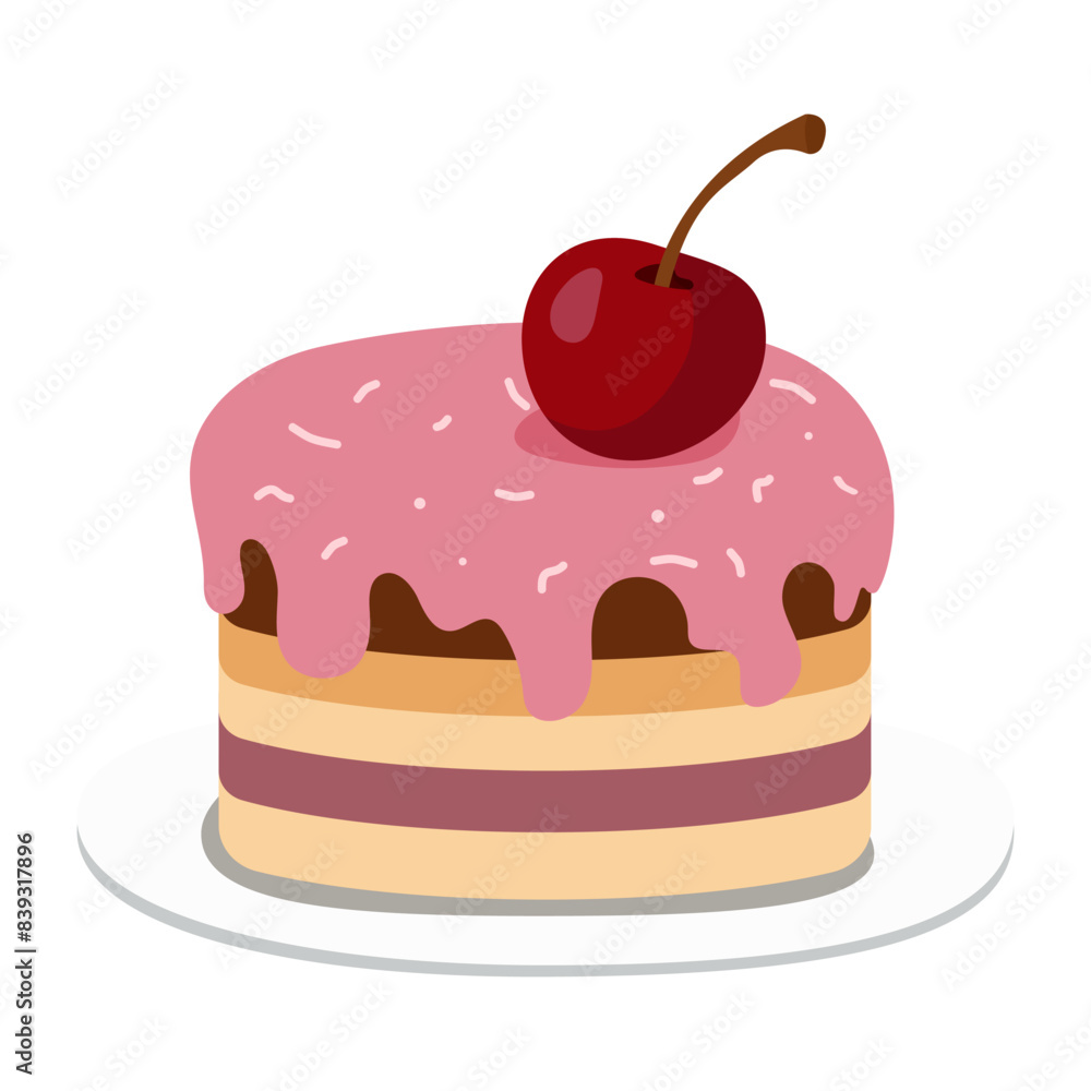 Cherry cake. Sweet dessert. Layered fruit cake. Vector illustration isolated on white background Cherry cake. Sweet dessert. Layered fruit cake. Vector illustration isolated on white background