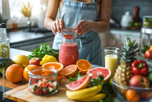 Healthy Eating Concept  Making a Smoothie with Fresh Fruits and Vegetables in a Bright Kitchen