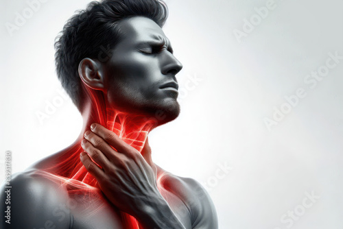 A man touching his neck with a glowing red area, indicating throat pain or discomfort
