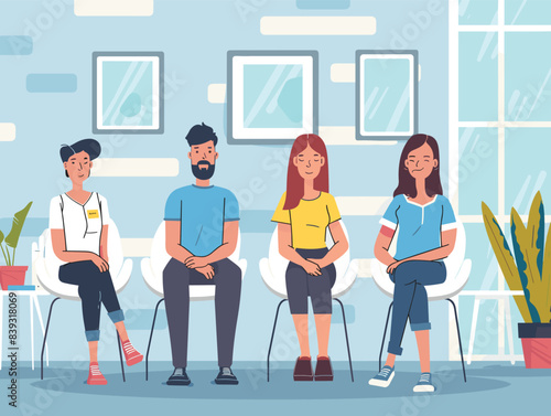 Four animated adults sitting waiting room, two men two women, casual clothing, indoor plant, calm expressions, modern clinic. Group diverse people seating chairs, waiting area, peaceful, healthcare