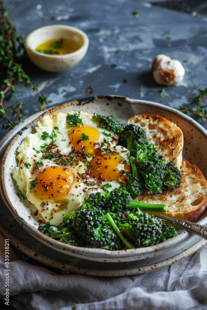 Fried eggs with yellow yolk and green broccoli in plate. Nutritious balanced meal for breakfast. Healthy food Fried eggs with yellow yolk and green broccoli in plate. Nutritious balanced meal for breakfast. Healthy food