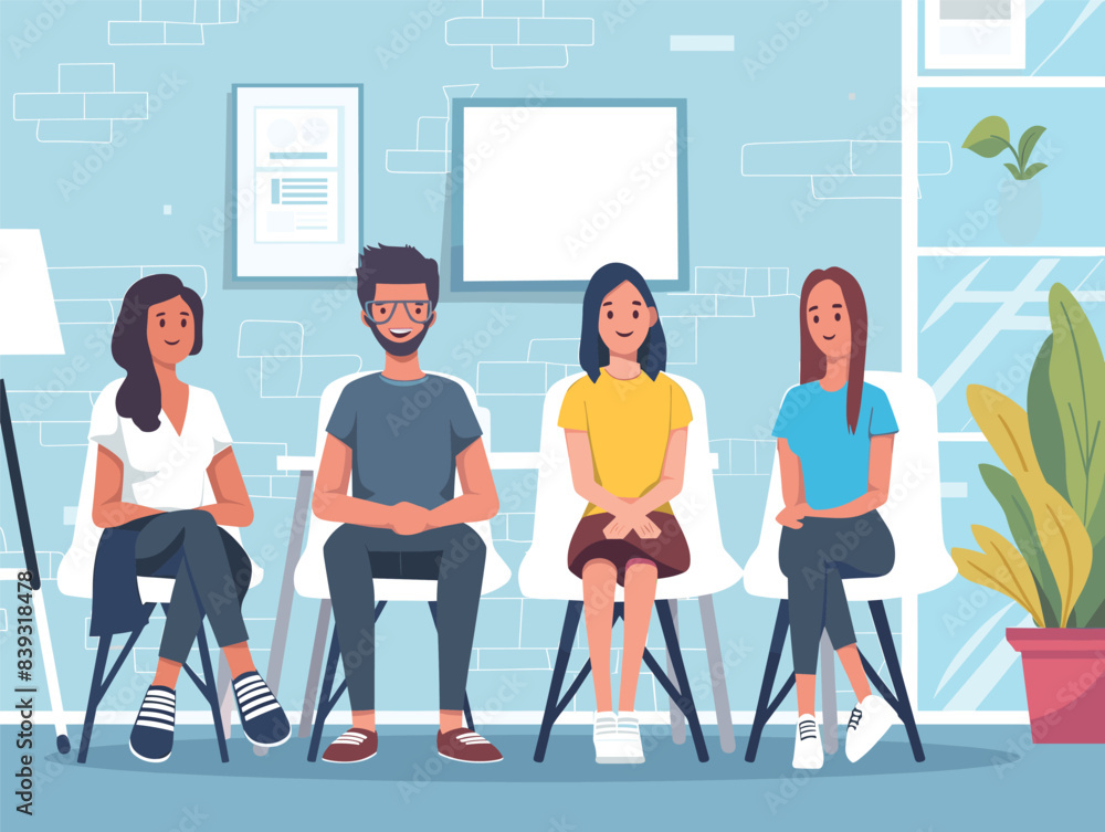 Fototapeta premium Four people sitting chairs smiling office meeting casual attire. Group diverse men women happy team discussion workplace. Young adults indoor corporate setting teamwork, potted plant, whiteboard