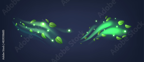 Ethereal Green Peppermint Leaves Float Gracefully Among Glowing Particles. Realistic 3d Vector Dreamy Image