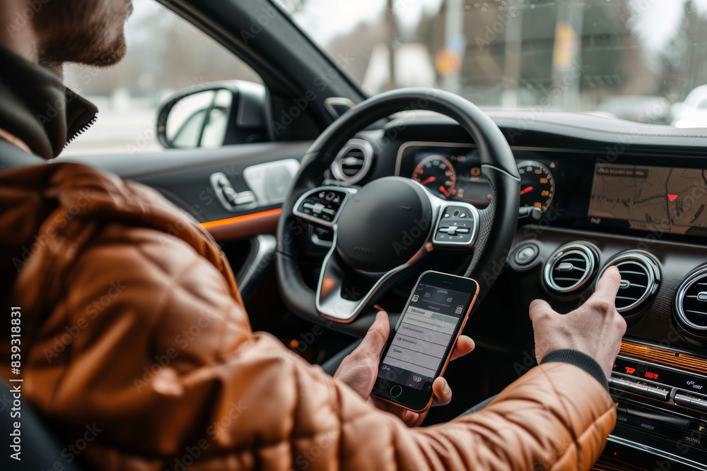Car Owner Using a Smartphone App for Vehicle Maintenance Tracking Inside a Modern Car Car Owner Using a Smartphone App for Vehicle Maintenance Tracking Inside a Modern Car