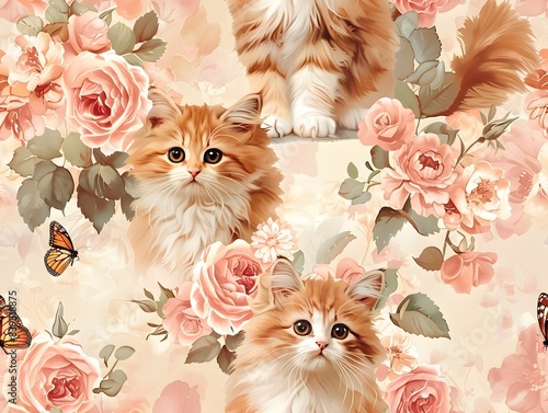 Fluffy white cat surrounded by beautiful red roses