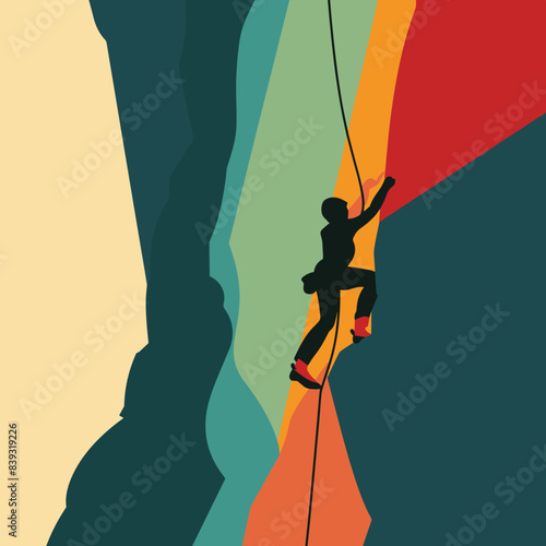 Silhouetted rock climber scaling vertical cliff. Brightly colored geometric shapes form background. Adventure, challenge, climbing, athleticism highlighted design