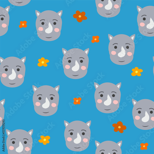 Seamless pattern with cute rhino animal faces. Illustration in boho style, dream catcher, cactus, palm trees, tropics