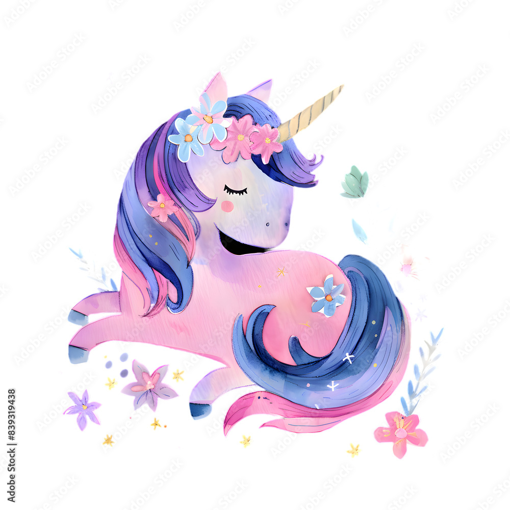 Obraz premium Pink and blue pastel colors unicorn silhouette watercolor cartoon illustration isolated on transparent background